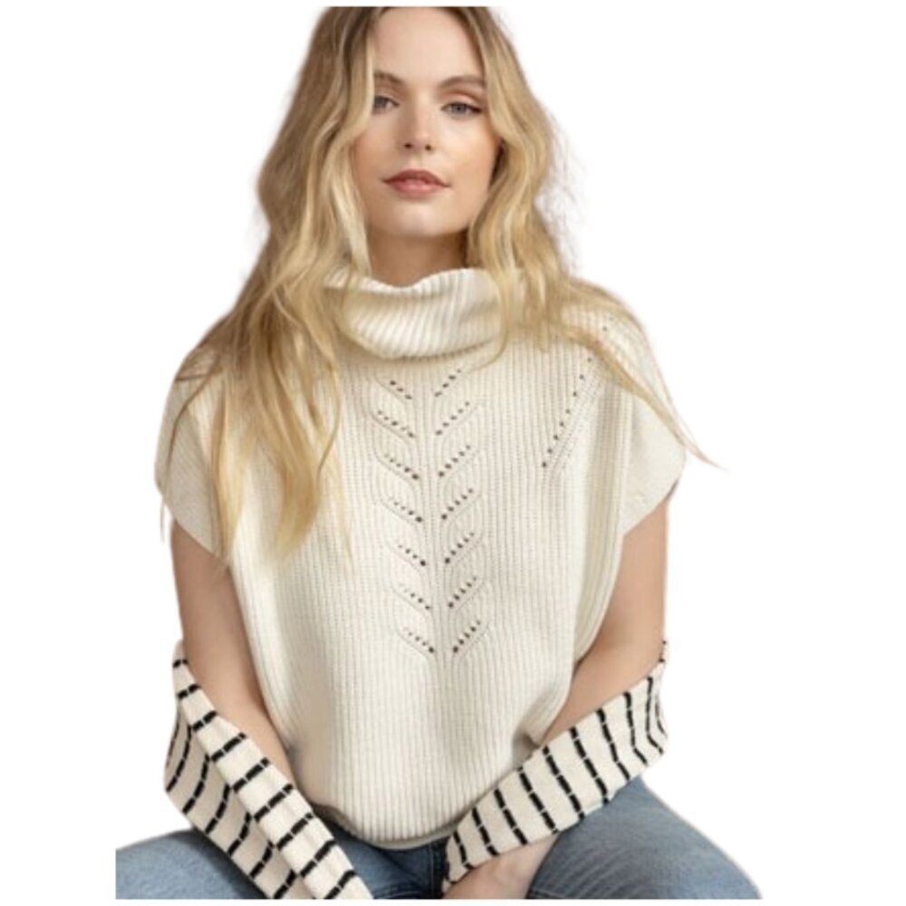 Lilla P Ribbed Cream Turtleneck Poncho Sweater Cozy Chic Minimalist - Small